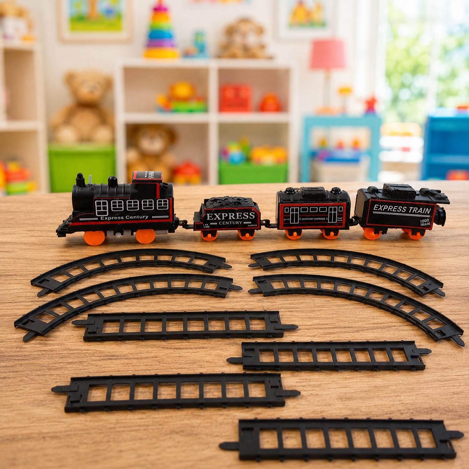 Wukusy Battery Opera Express Train Track Play Set with lights and sounds, colorful train and track pieces on a play surface