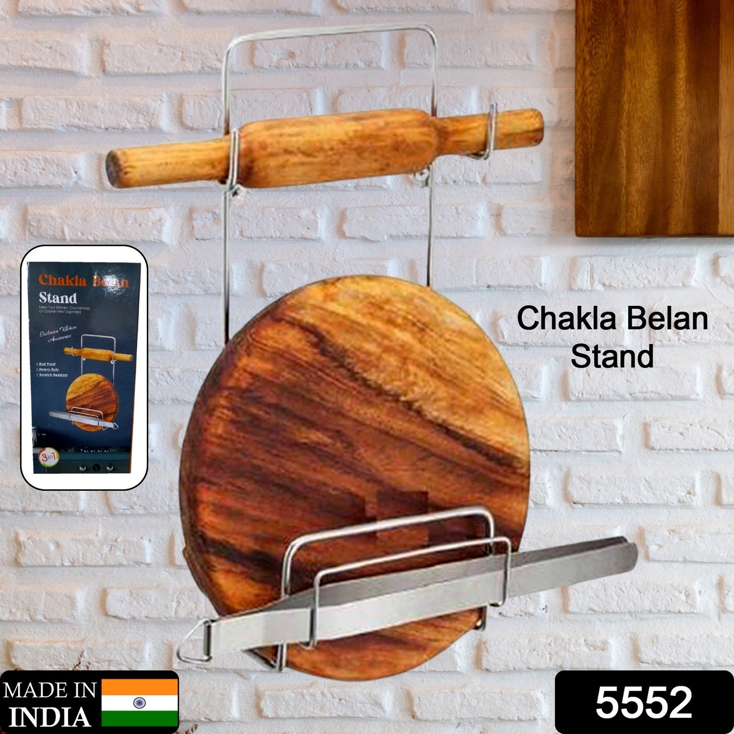 Silver stainless steel Chakla Belan Chimta stand with rolling pin, board, and tong holder for kitchen use by Wukusy.