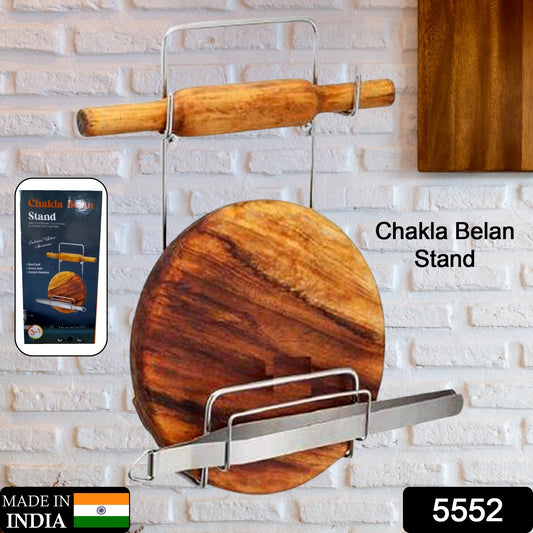 Silver stainless steel Chakla Belan Chimta stand with rolling pin, board, and tong holder for kitchen use by Wukusy.