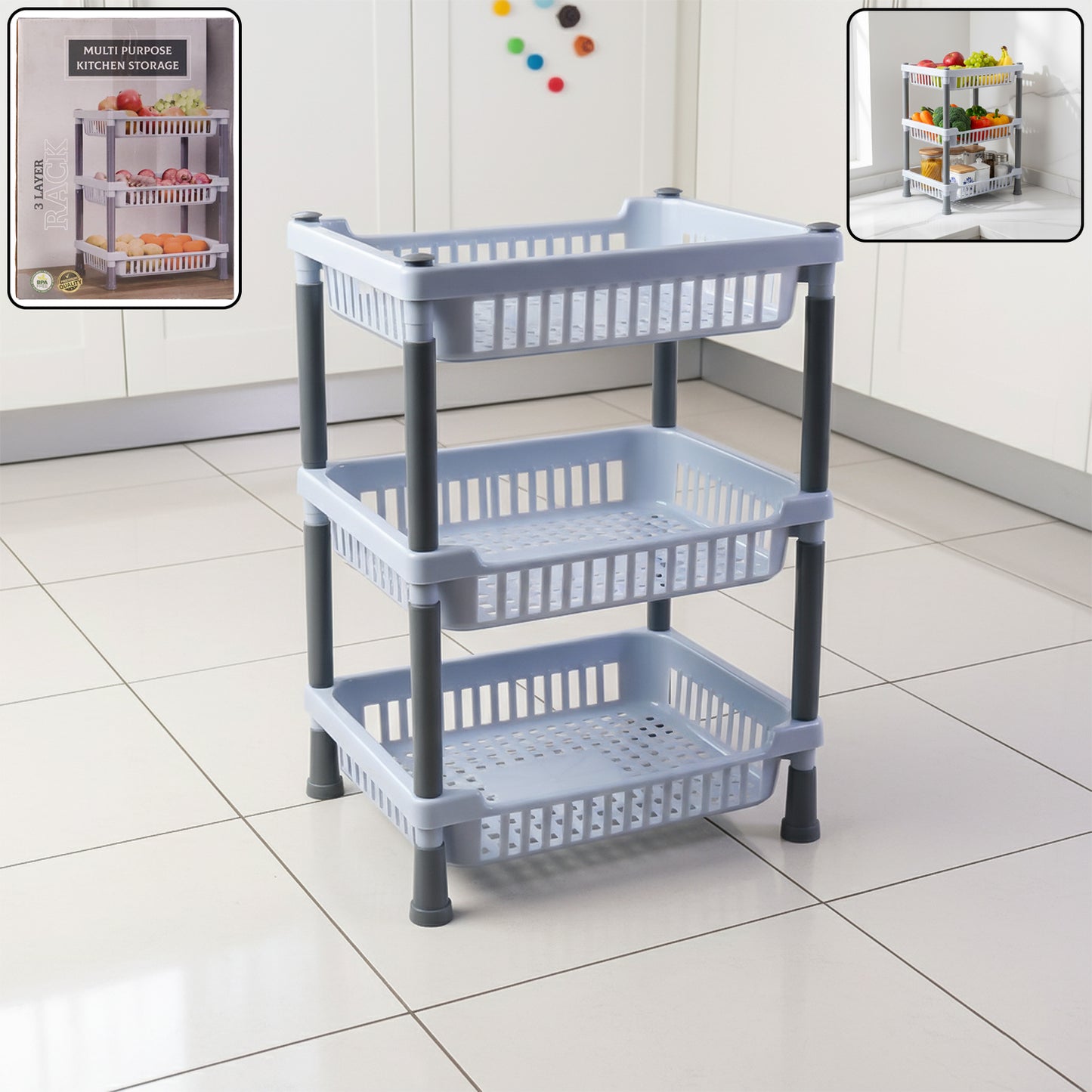 Wukusy 3-layer multipurpose kitchen storage basket rack with metal frame and multiple shelves for organized kitchen storage