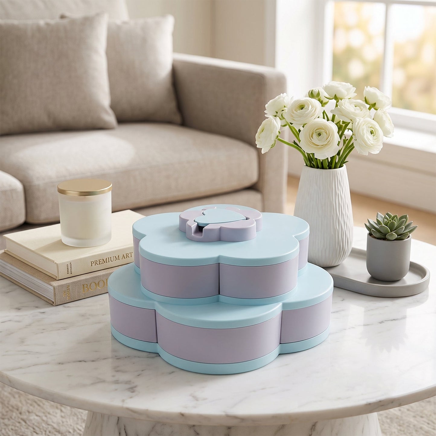 Wukusy rotating flower-shaped candy dish and snack box with multiple sections and phone holder for organized storage and display.