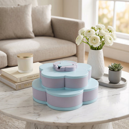 Wukusy rotating flower-shaped candy dish and snack box with multiple sections and phone holder for organized storage and display.