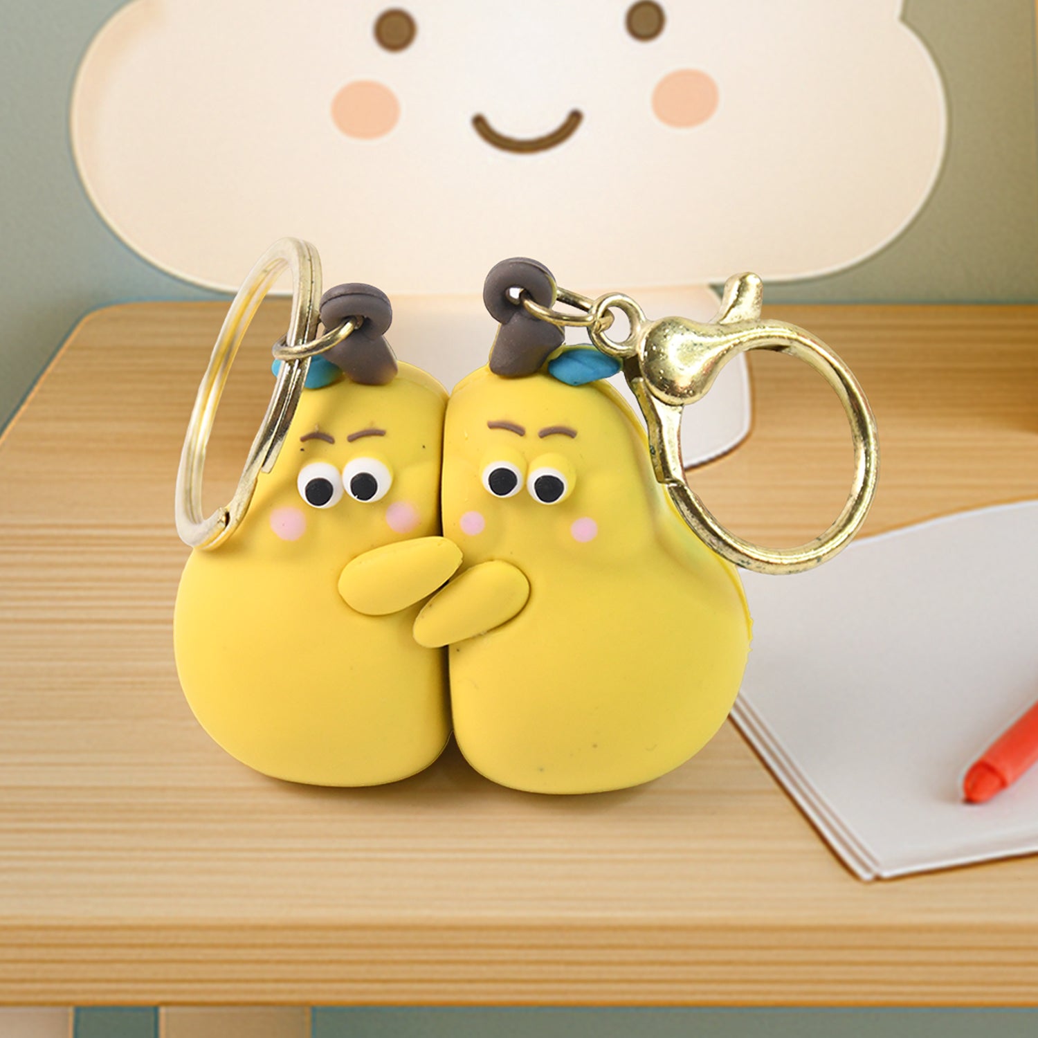 Wukusy 2-in-1 cute cartoon couple keychain, colorful toy accessory featuring playful character design and miniature figures.