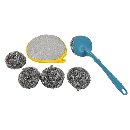 Wukusy 6-in-1 kitchen cleaning set with stainless steel scrubber, sponge, and brushes for versatile kitchen cleaning tasks.