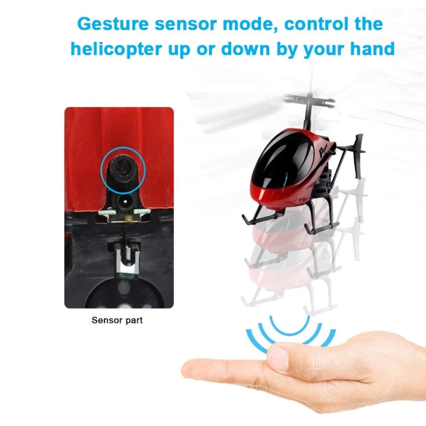 Wukusy remote control helicopter toy with USB charging cable, suitable for boys and girls, shown in mid-air with colorful design.