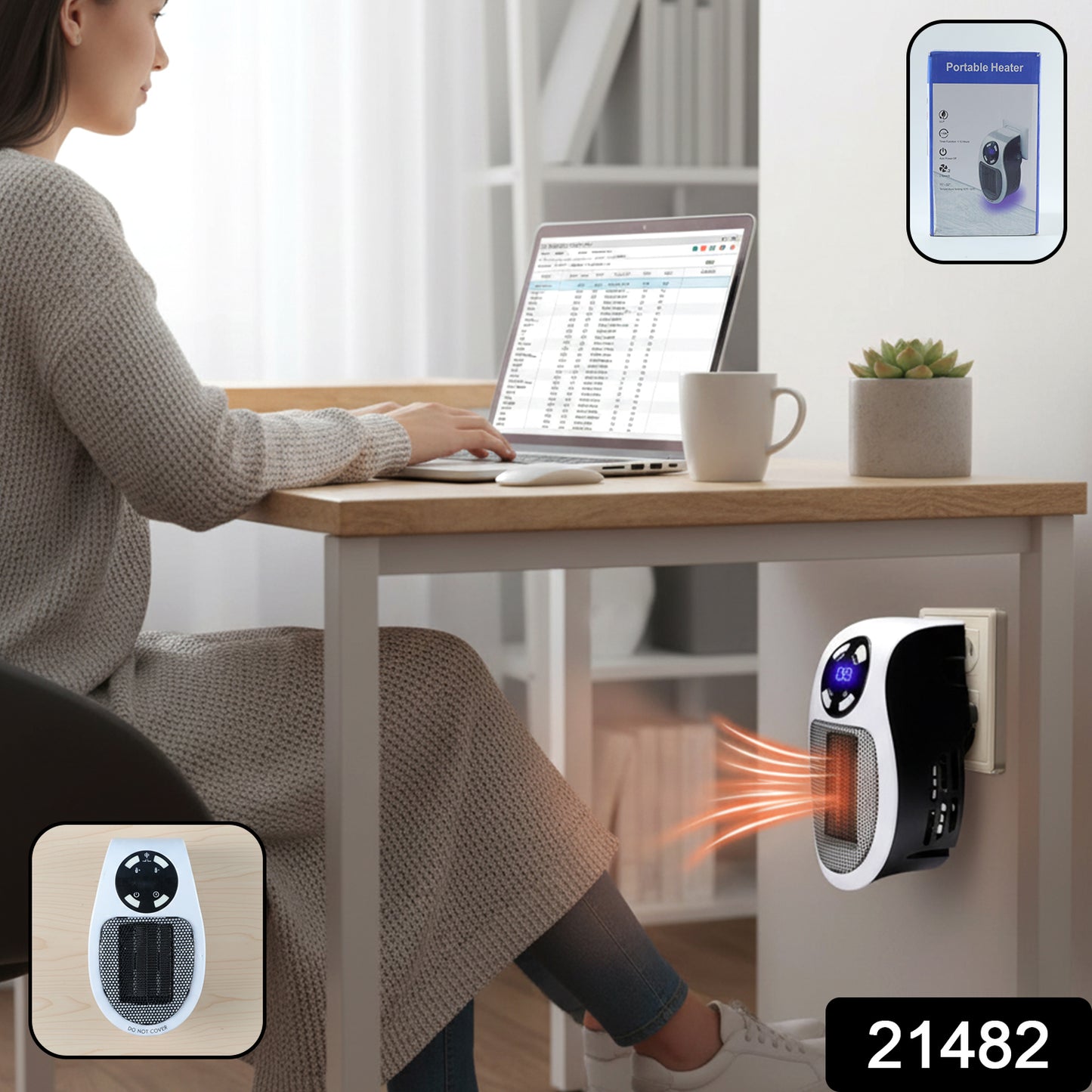 Wukusy portable electric plug-in room heater showing compact design with control panel and heating vents in a modern living space.