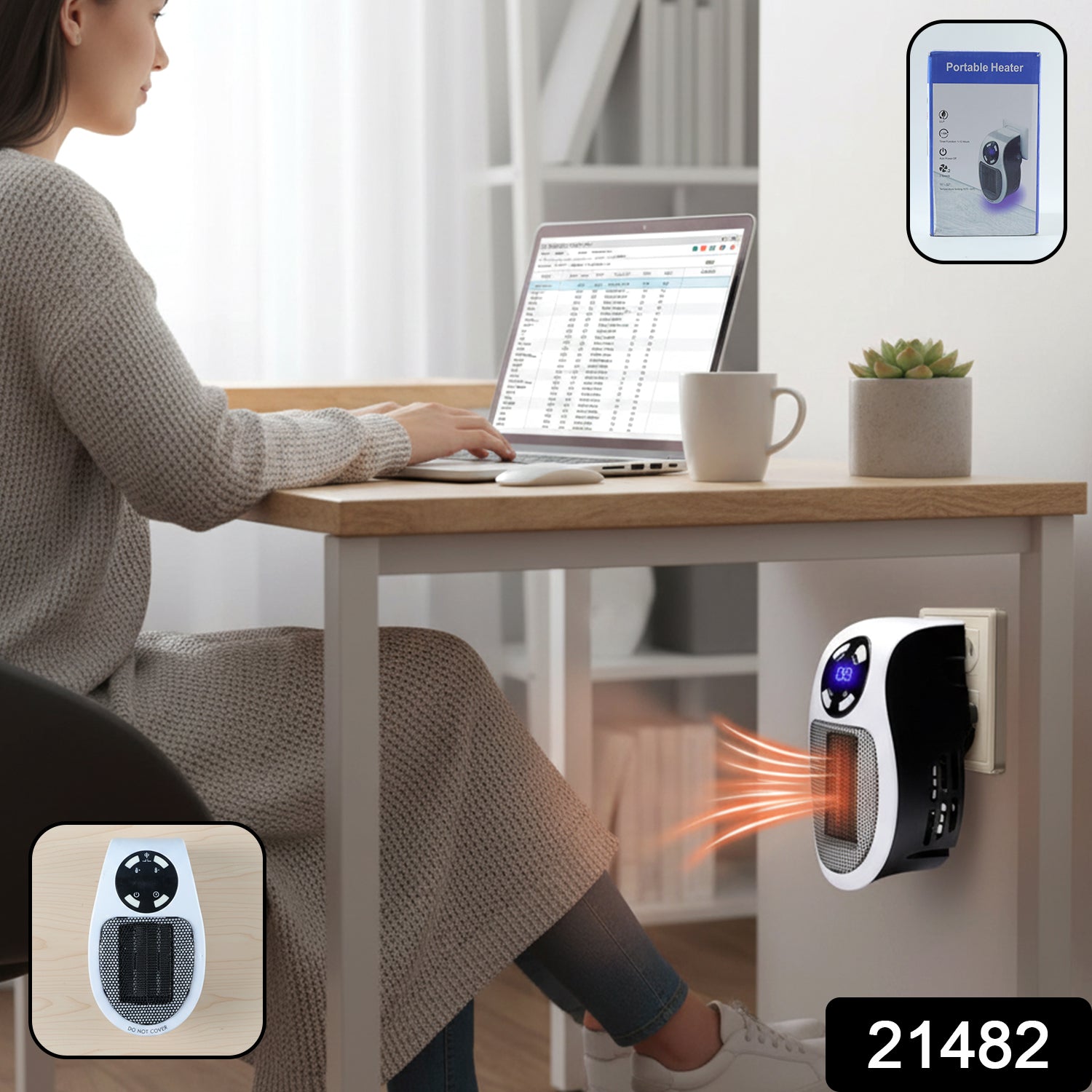 Wukusy portable electric plug-in room heater showing compact design with control panel and heating vents in a modern living space.