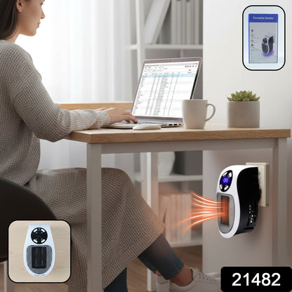 Wukusy portable electric plug-in room heater showing compact design with control panel and heating vents in a modern living space.