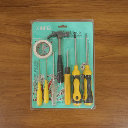 Wukusy 8-in-1 hand tool kit set includes screwdrivers, hammer, and repair tools in mixed colors, compact and versatile for repairs.
