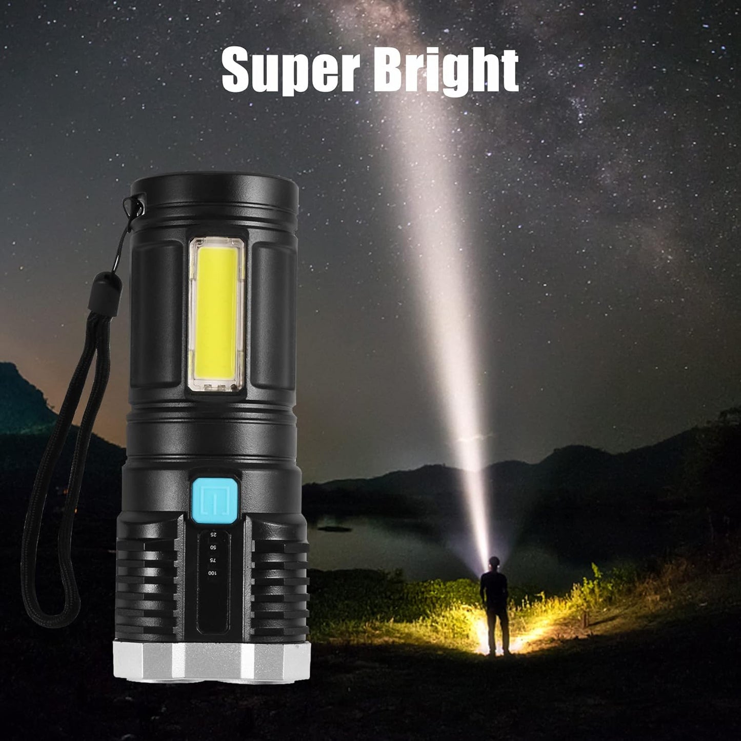 Wukusy 9370 multifunctional 4 LED rechargeable flashlight with long-distance beam, COB light, and four modes for camping and hiking.