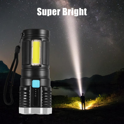 Wukusy 9370 multifunctional 4 LED rechargeable flashlight with long-distance beam, COB light, and four modes for camping and hiking.