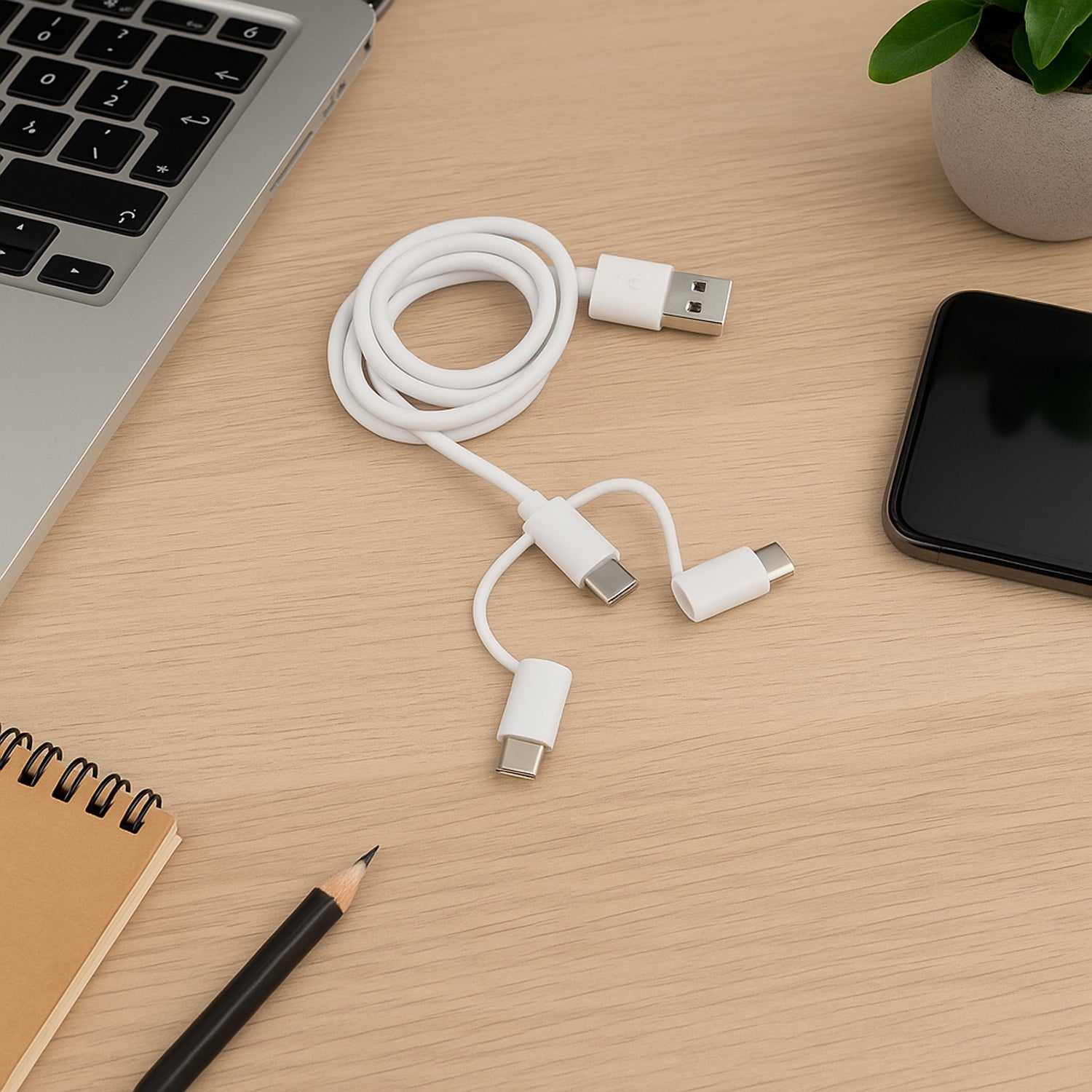 Wukusy 3-in-1 multi charging cable with USB, Lightning, and USB-C connectors for mobile device charging and data transfer.