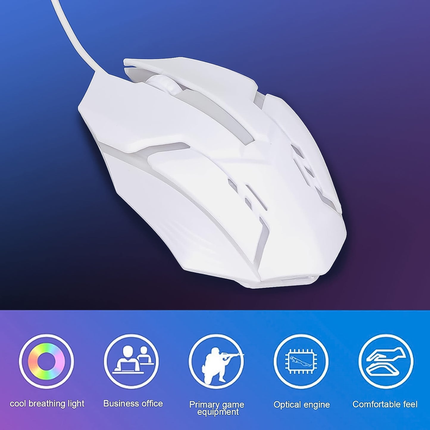 Wukusy USB wired gaming mouse with colorful luminous lighting and ergonomic white design on a clean background.