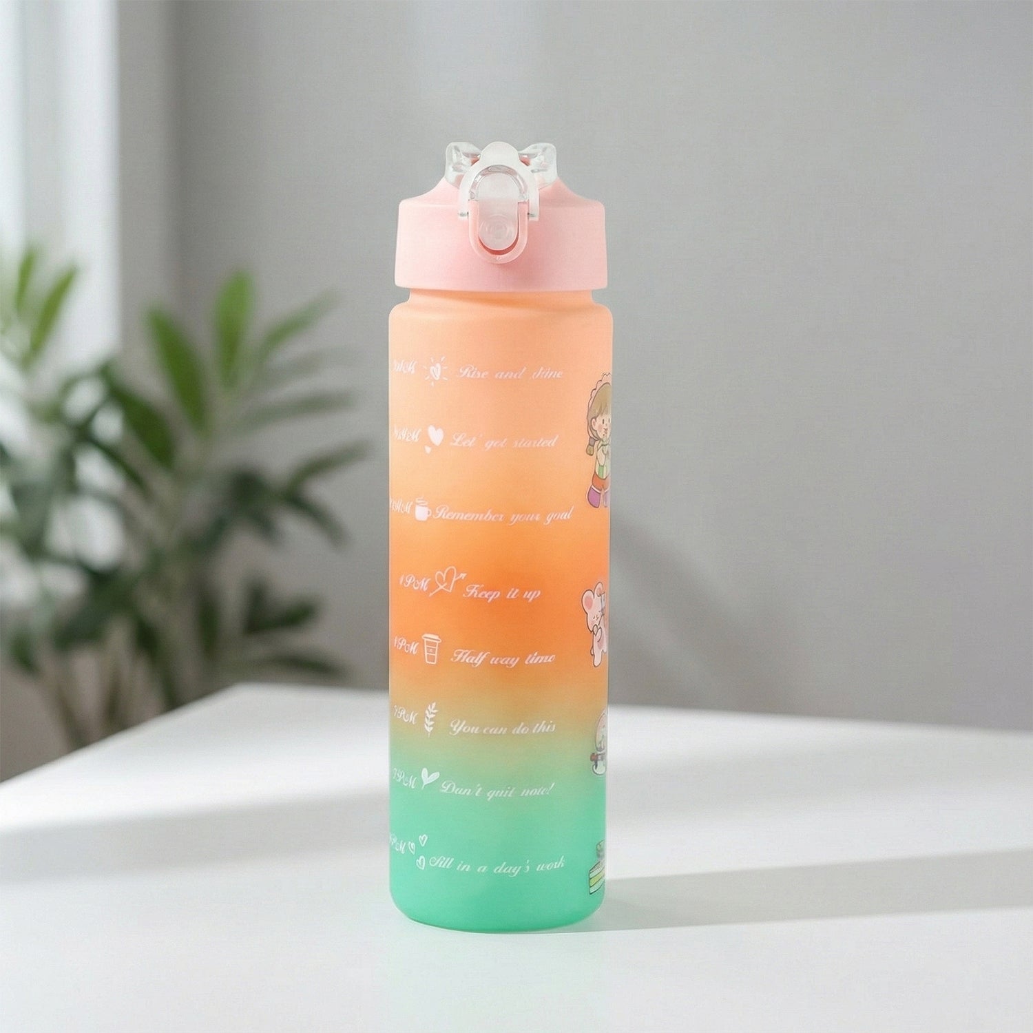 Wukusy motivational gradient water bottle, 900 ml, with a colorful design and leak-proof lid, ideal for staying hydrated on the go.