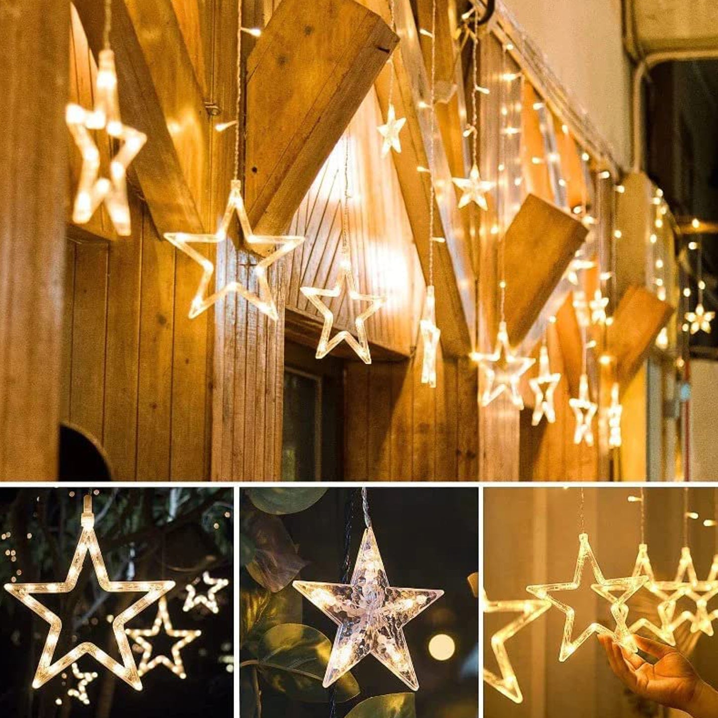 Wukusy 12 Stars curtain string lights with 8 flashing modes, perfect for home decor and festival window decoration.