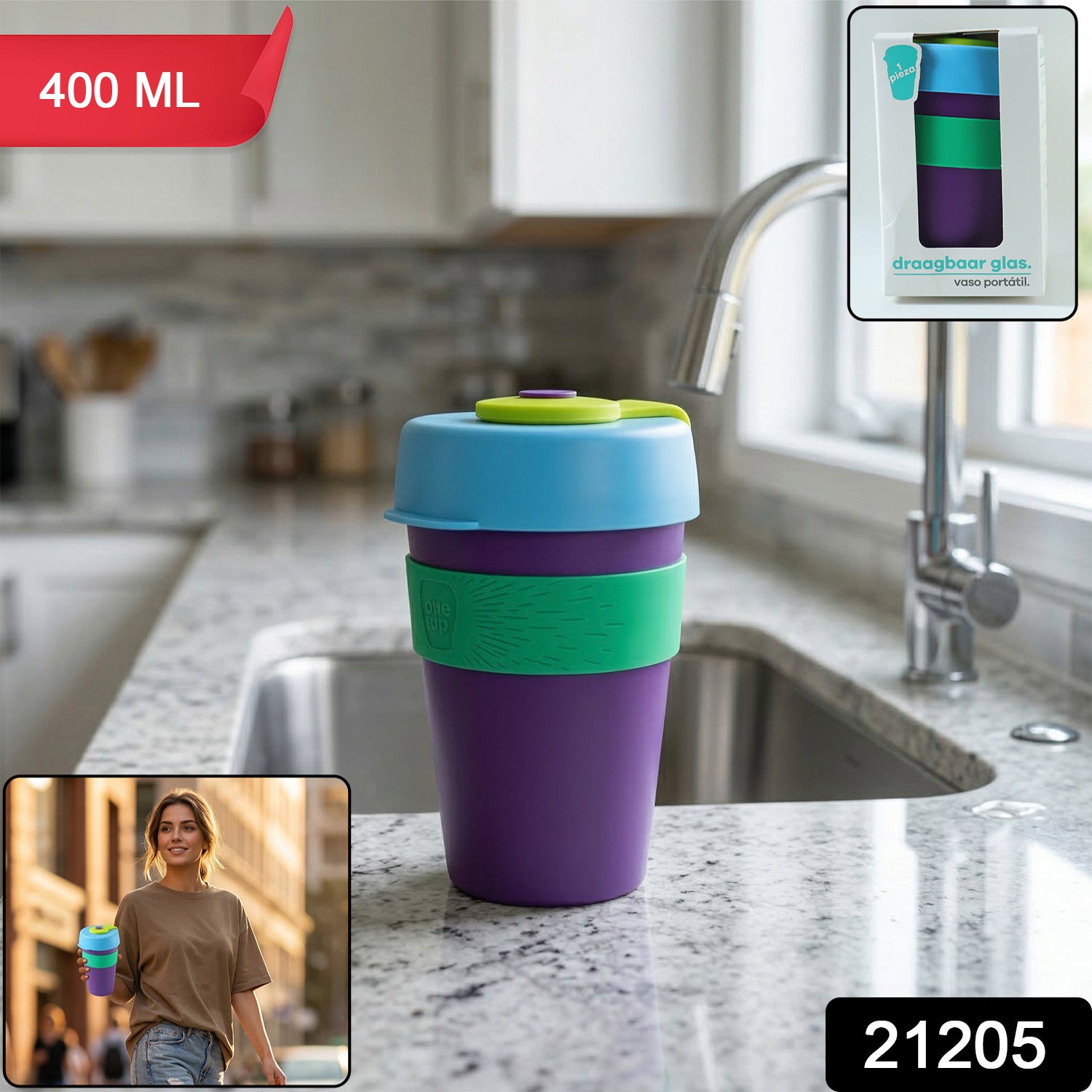 Wukusy reusable colorful travel mug with secure silicone lid, 400 ml capacity, featuring vibrant design and spill-proof lid.