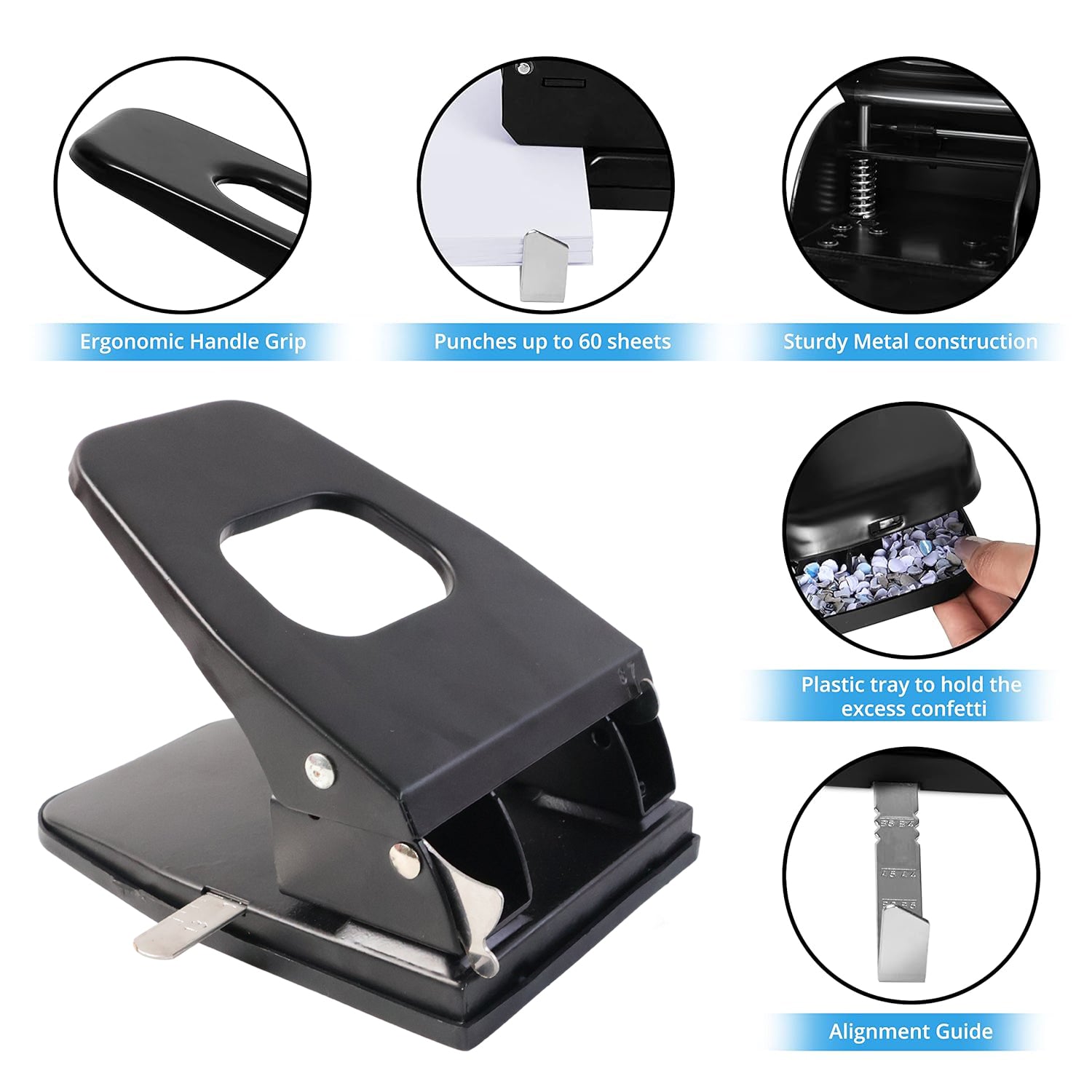 Wukusy heavy-duty metal 2-hole paper punch machine for office use, showing the durable metal construction and punching mechanism