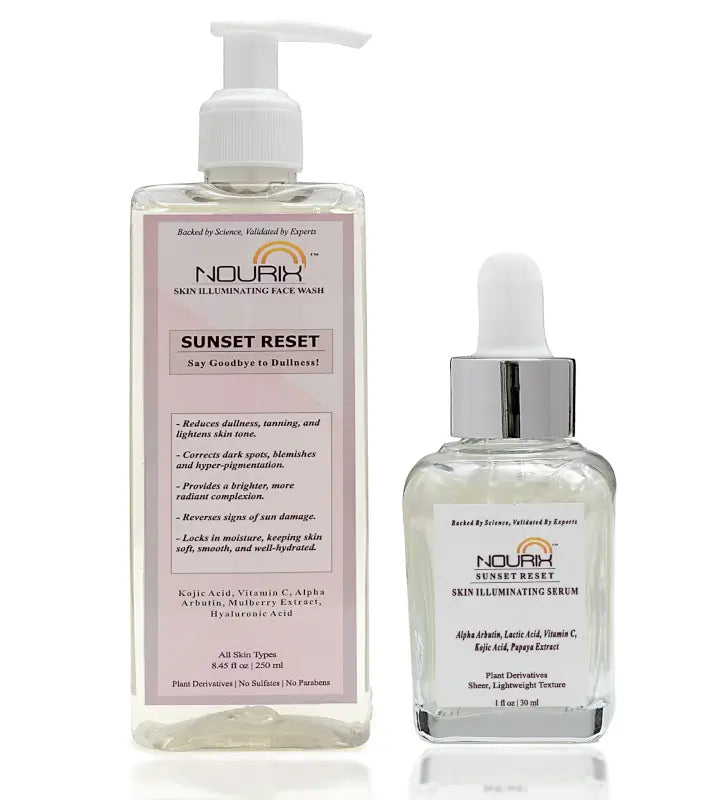 Ekom Nourix Sunset Reset Serum and Face Wash set, featuring skincare products with brightening and hydrating ingredients.