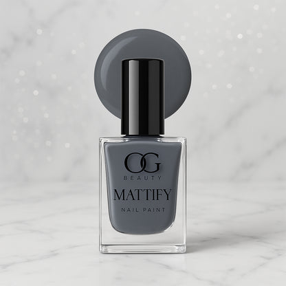 Wukusy Og Beauty Calm Grey matte nail paint in 10ml bottle, showcasing smooth, grey finish on healthy nails.