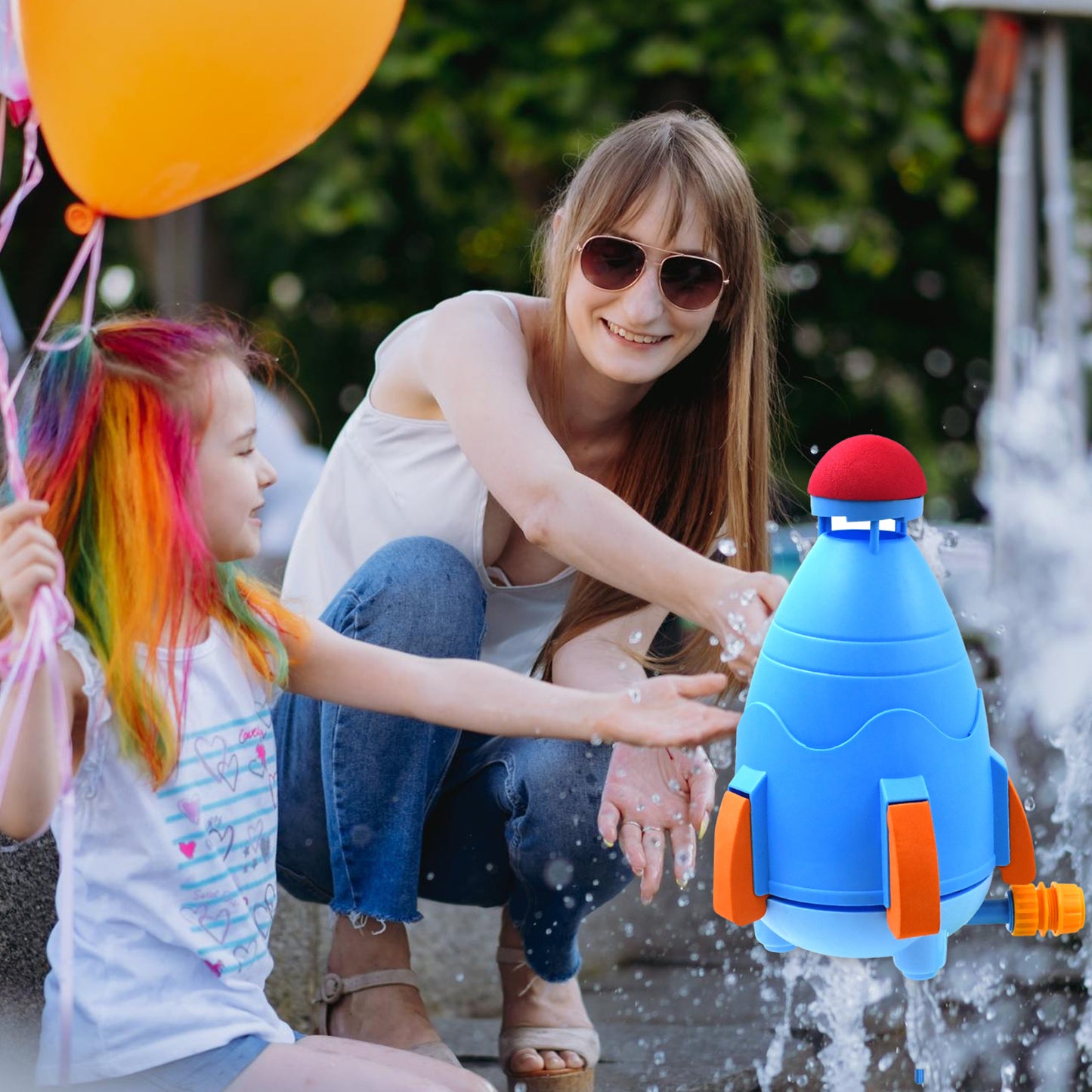 Wukusy garden sprinkler rocket launcher toy set for kids, summer outdoor water toy with colorful rocket design in a garden setting.
