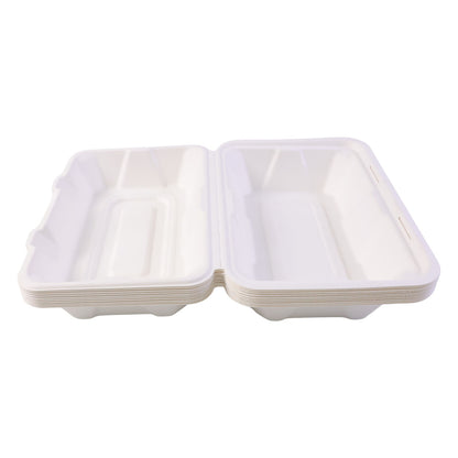 Wukusy Vegnar Premium Bagasse Clamshell Food Box, 9x6 inch, set of 10, eco-friendly disposable food containers for takeout.