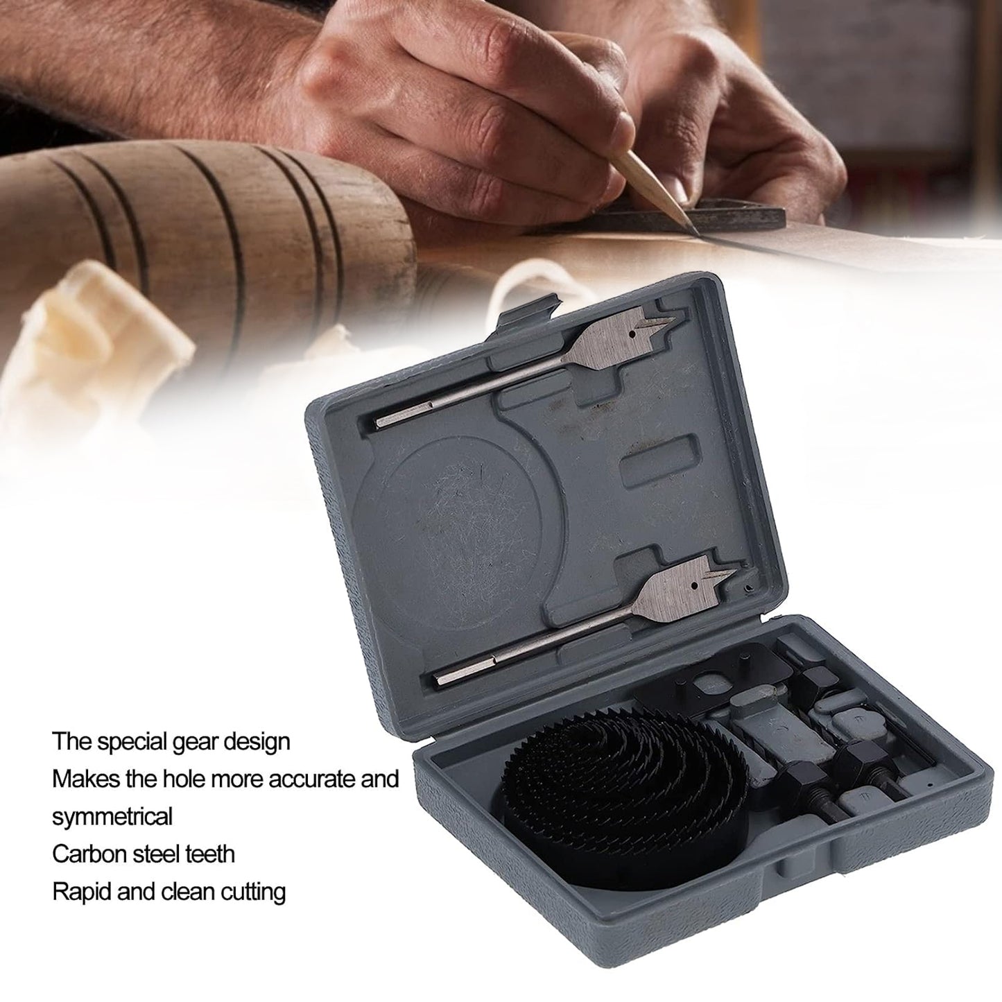 Wukusy 18-piece drill hole saw kit with carbon steel blades for cutting plastic, wood, and PVC, featuring high-accuracy incisive design