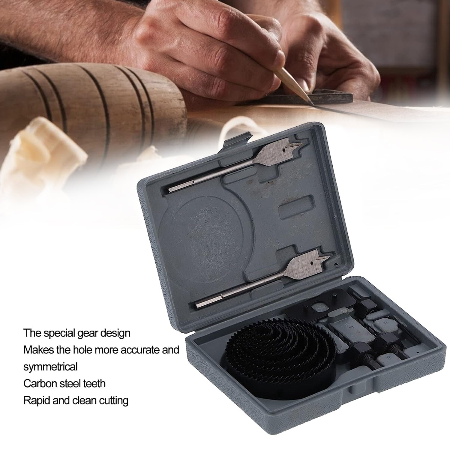 Wukusy 18-piece drill hole saw kit with carbon steel blades for cutting plastic, wood, and PVC, featuring high-accuracy incisive design