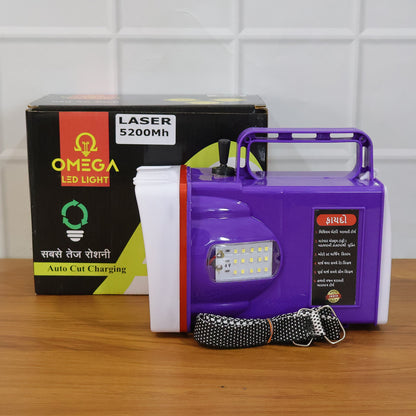 Wukusy Omega rechargeable LED laser torch light with 5200mAh battery, black handheld flashlight illuminating a dark area.