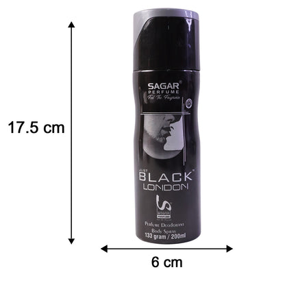 Wukusy Sagar Just Black London perfume body spray for men, 200ml, with sleek black bottle and modern design.