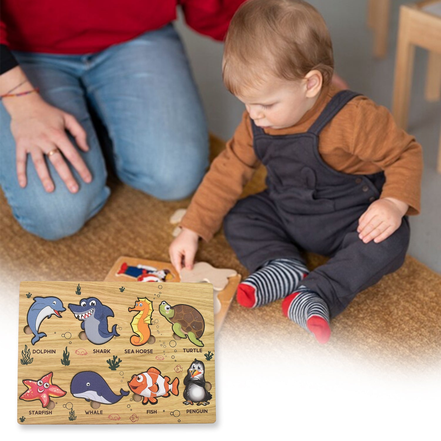 Wooden seawater animal puzzle educational toy by Wukusy featuring colorful marine animal pieces for kids' learning and play.