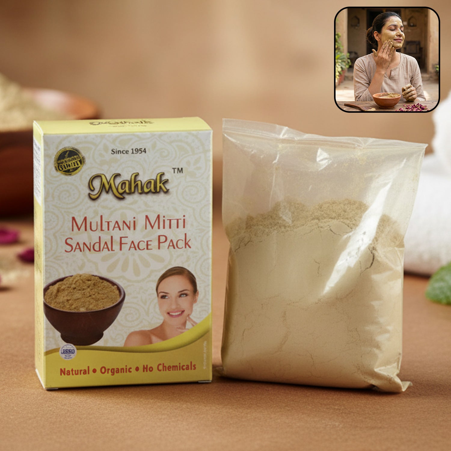 Wukusy Herbal Multani Mitti and Sandal Face Pack in 80g, showing a jar of natural clay and sandalwood face mask with herbal ingredients.