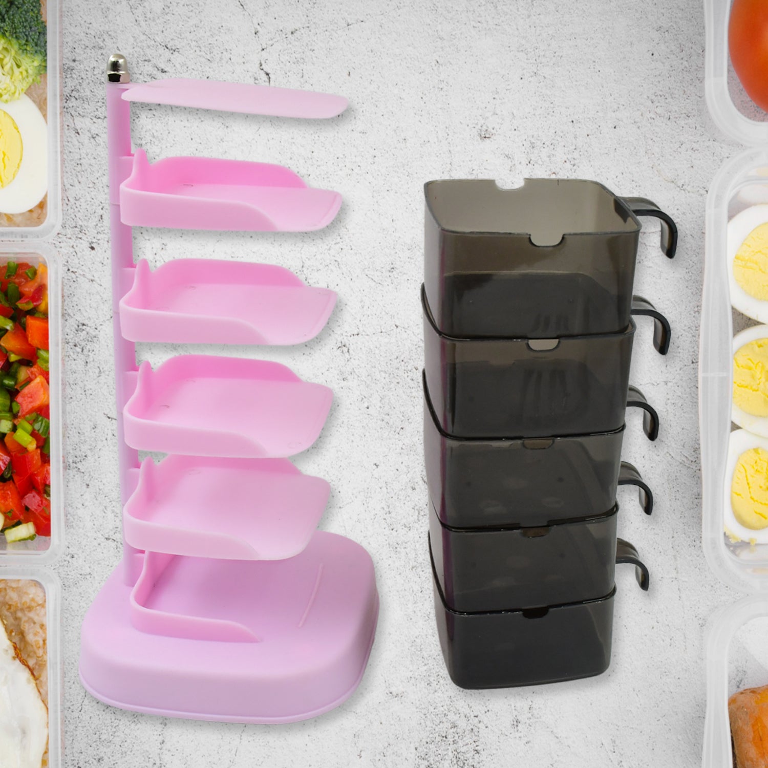 Wukusy rotating spice jars set with five-tier vertical storage, each with a spoon for seasonings, designed for organized kitchen use.