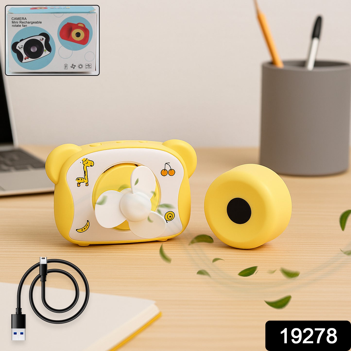 Wukusy bear-shaped mini rechargeable fan for office use, cute and portable with a bear design and compact size.