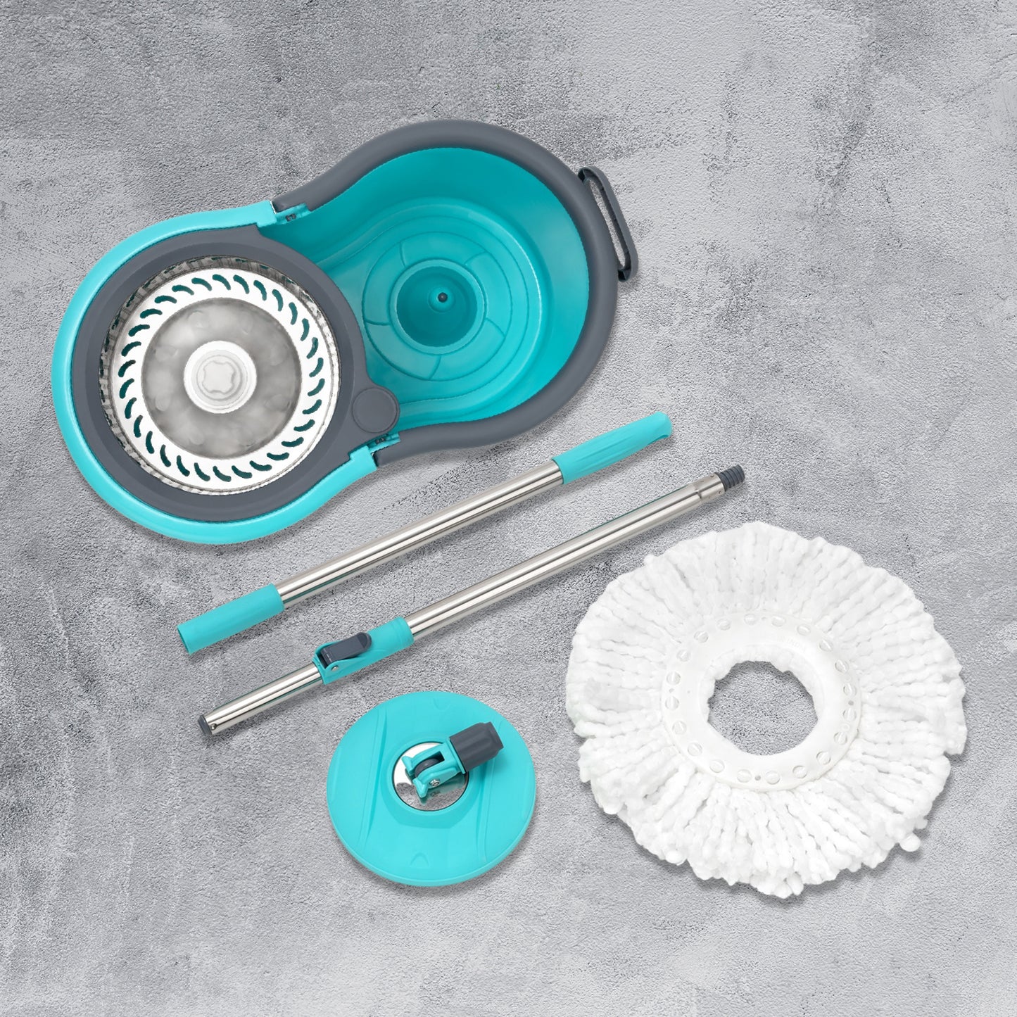Wukusy 4942 Quick Spin Mop with steel spin bucket, easy wheels, and large bucket for efficient floor cleaning and floor maintenance.