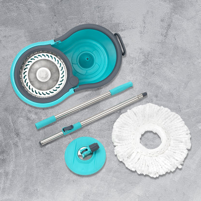 Wukusy 4942 Quick Spin Mop with steel spin bucket, easy wheels, and large bucket for efficient floor cleaning and floor maintenance.