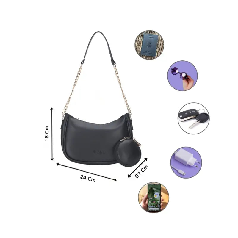 Small classic chain shoulder bag in black vegan leather by Ekom, featuring a stylish design for women and girls.