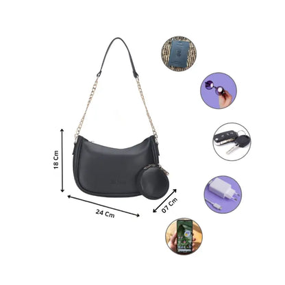 Small classic chain shoulder bag in black vegan leather by Ekom, featuring a stylish design for women and girls.