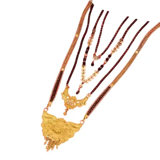 Elegant gold-plated alloy mangalsutra set of 4 with artificial beads, feminine jewelry from Ekom, non-adjustable, free size.