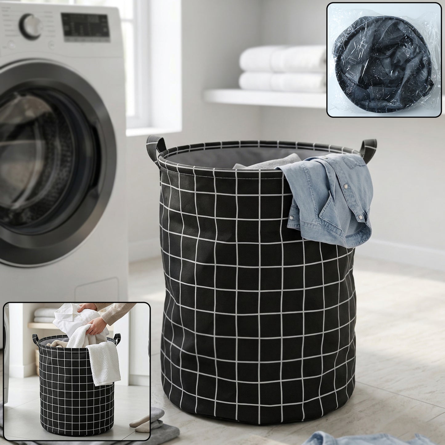 Wukusy foldable laundry storage basket in neutral fabric, showing open design with handles, 44x35 cm size for versatile use.
