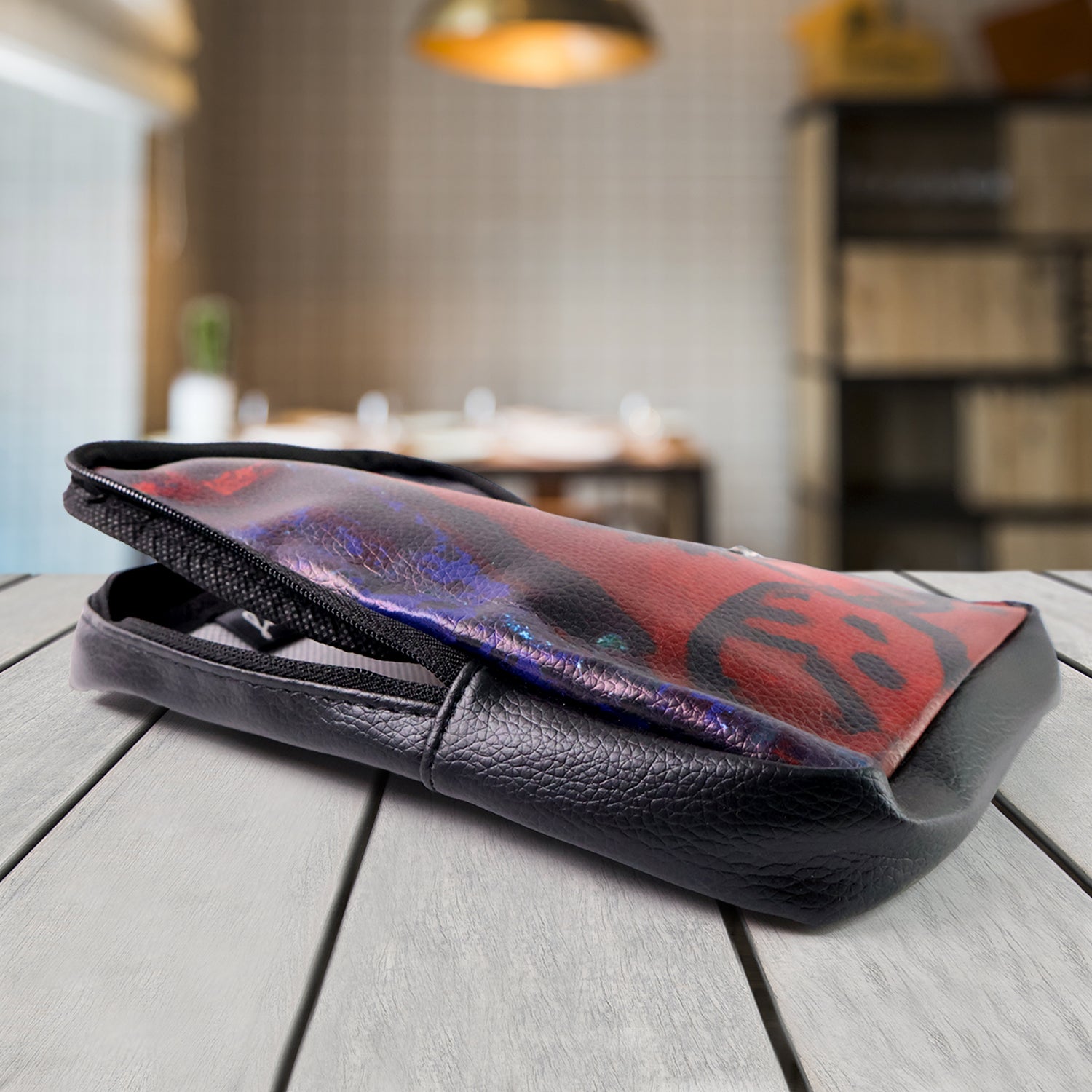 Handcrafted Wukusy zipper pouch with traditional art print, versatile office accessory, showing colorful design and zip closure.