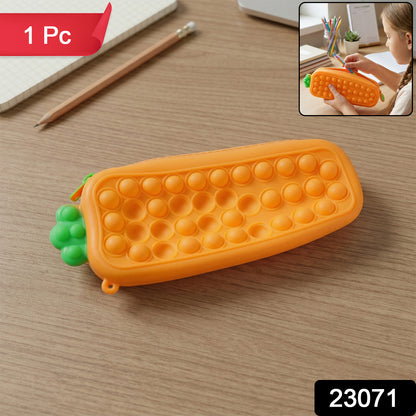 Wukusy Pop It pencil pouch with zipper, colorful silicone bubble design, small and portable for school supplies.