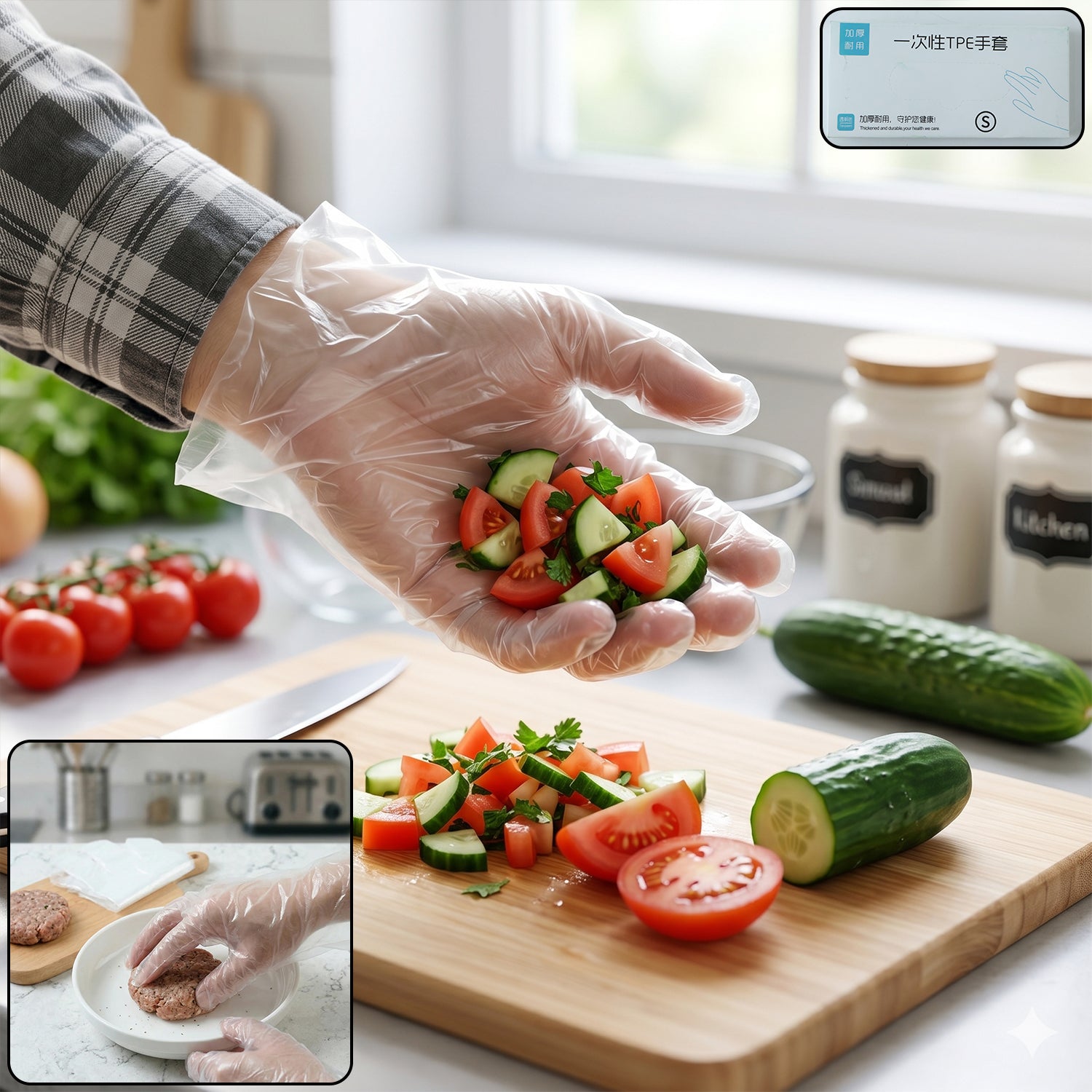 Pack of 100 disposable small plastic gloves from Wukusy, ideal for kitchen food handling and cleaning tasks.