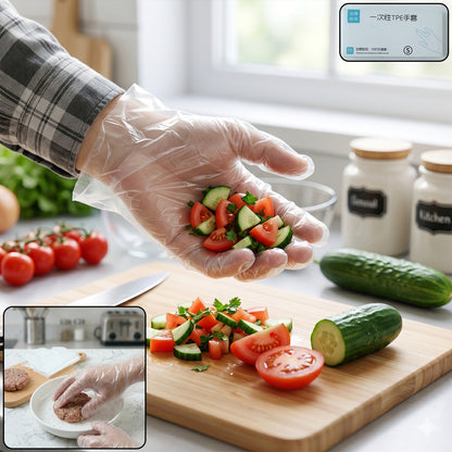 Pack of 100 disposable small plastic gloves from Wukusy, ideal for kitchen food handling and cleaning tasks.