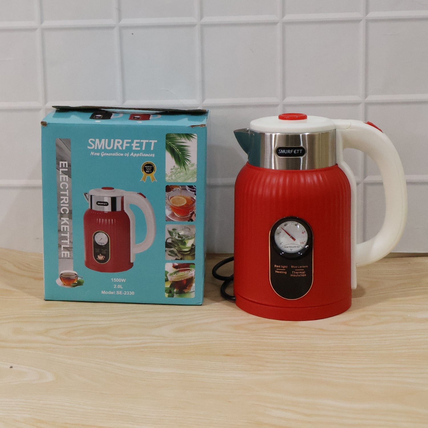 Wukusy 2L electric kettle with red exterior, 1500W power, suitable for tea, coffee, milk, and hot water, shown on a kitchen countertop.