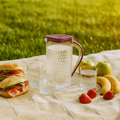 Wukusy Supermom Roma plastic jug with four matching glasses in a 5-piece home and kitchen combo set, clear and durable design.