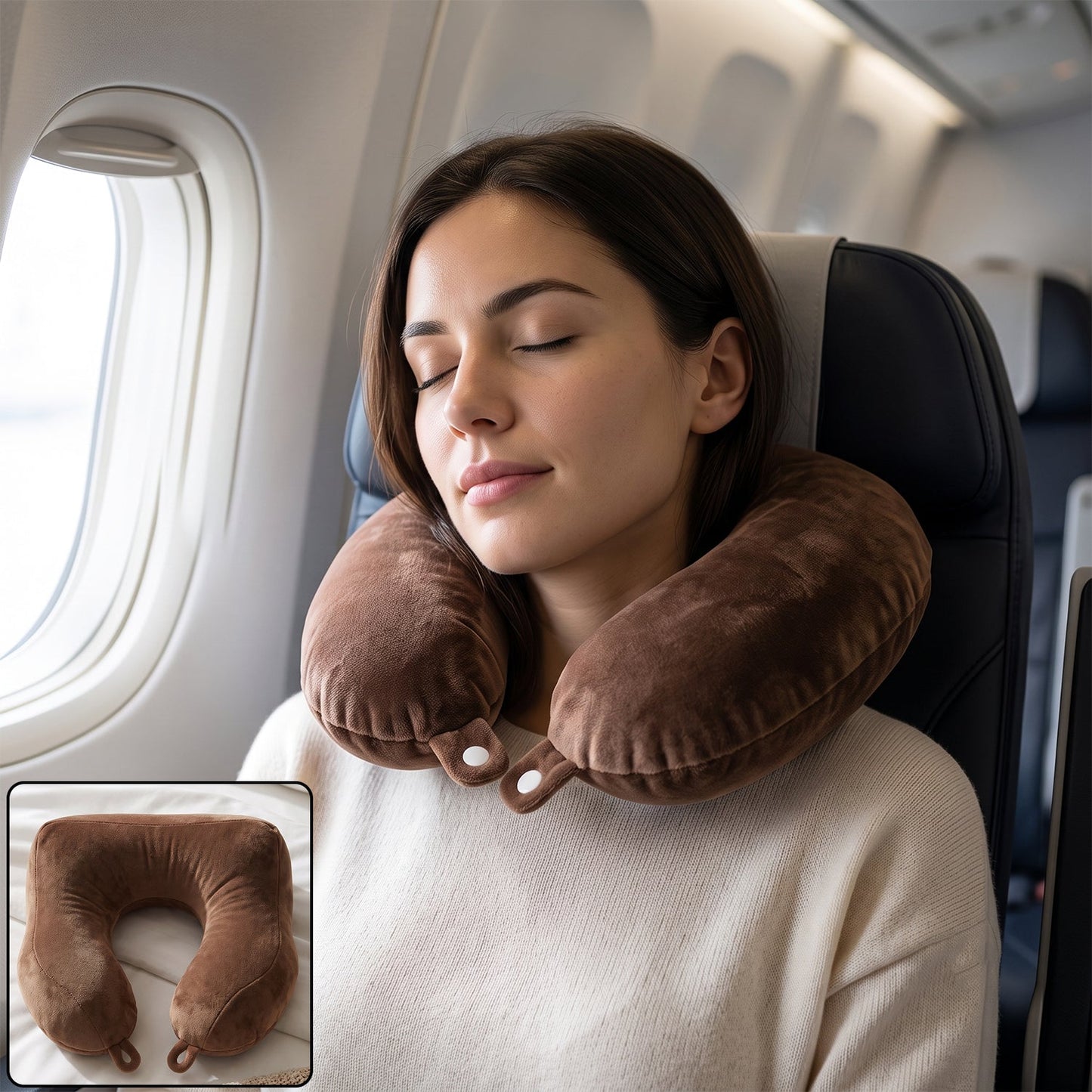Brown plush U-shaped travel neck pillow by Wukusy with soft head and neck support for comfort during travel.