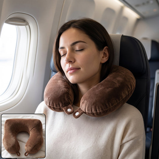 Brown plush U-shaped travel neck pillow by Wukusy with soft head and neck support for comfort during travel.