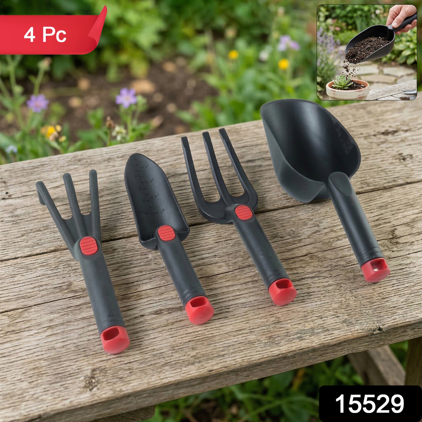 Wukusy 4-piece garden hand tool set includes trowel, transplanter, cultivator, and hand rake for gardening tasks.