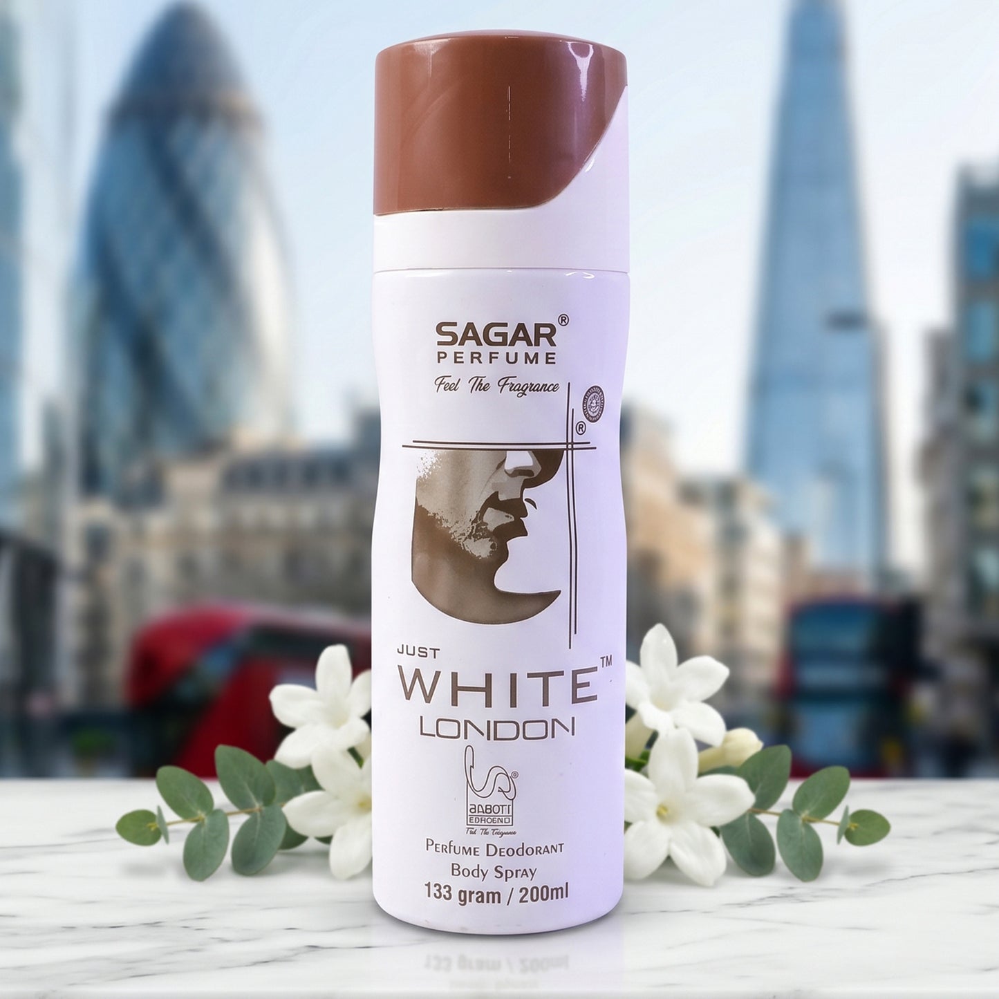 Wukusy Sagar Just White London perfume body spray for men, 200ml bottle with white and silver packaging.