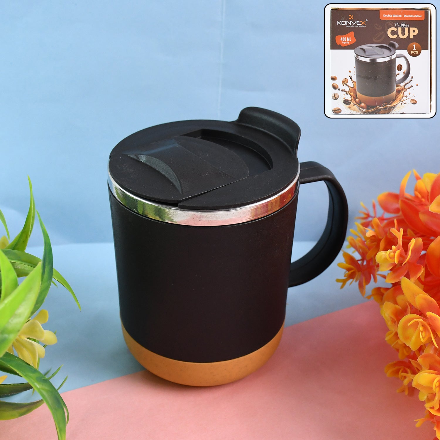 Wukusy insulated coffee mug with spill-proof lid, 450ml capacity, in black with a sleek design for hot beverages.